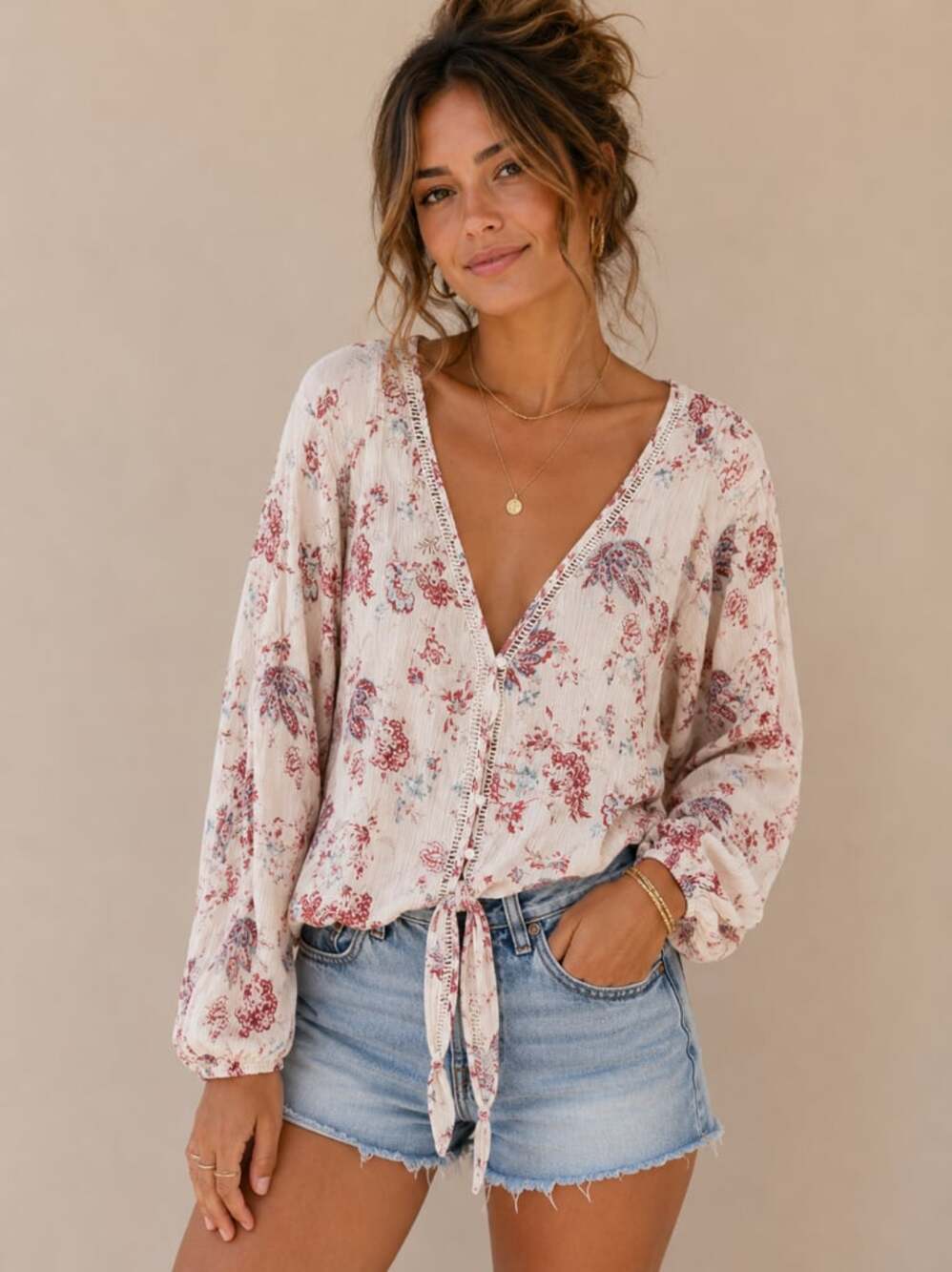 Free People Inspired Floral Print Tie-Front Long Sleeve Blouse